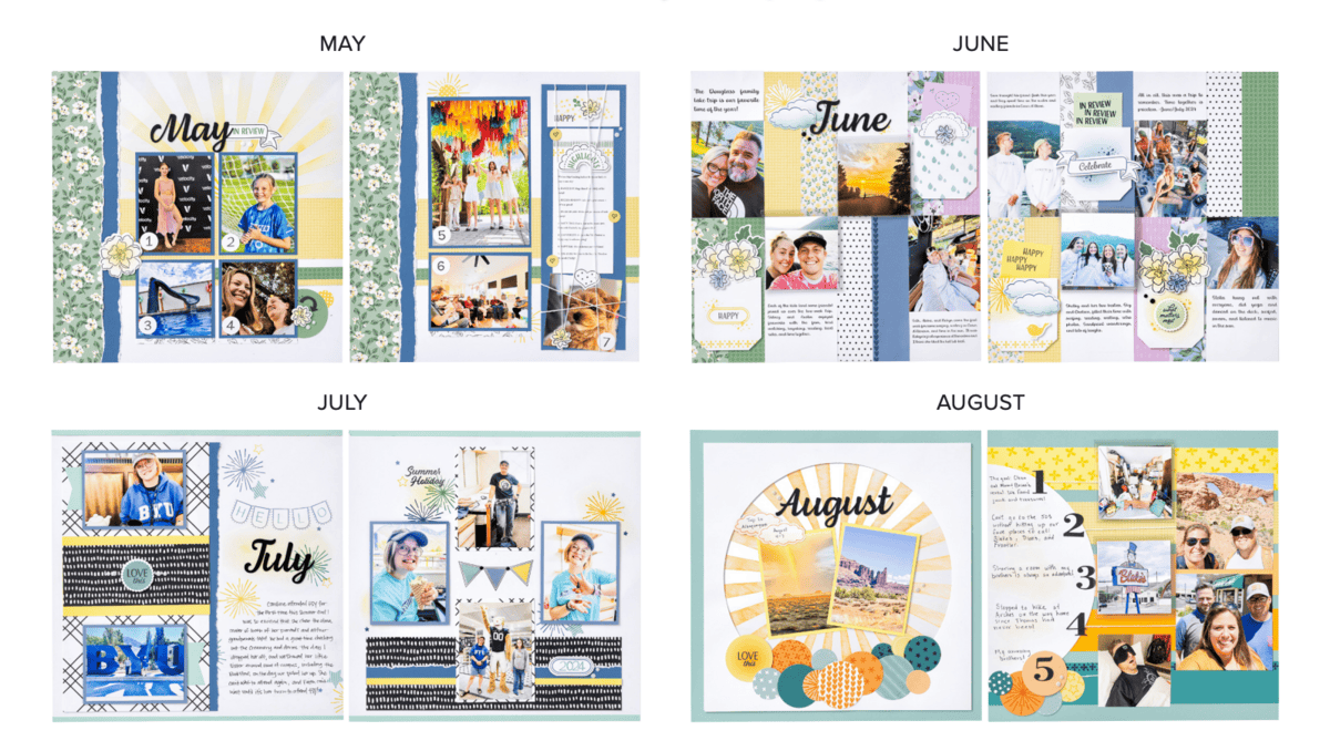 A large image that includes 4 2 page scrapbook layouts for the months of May to August.
